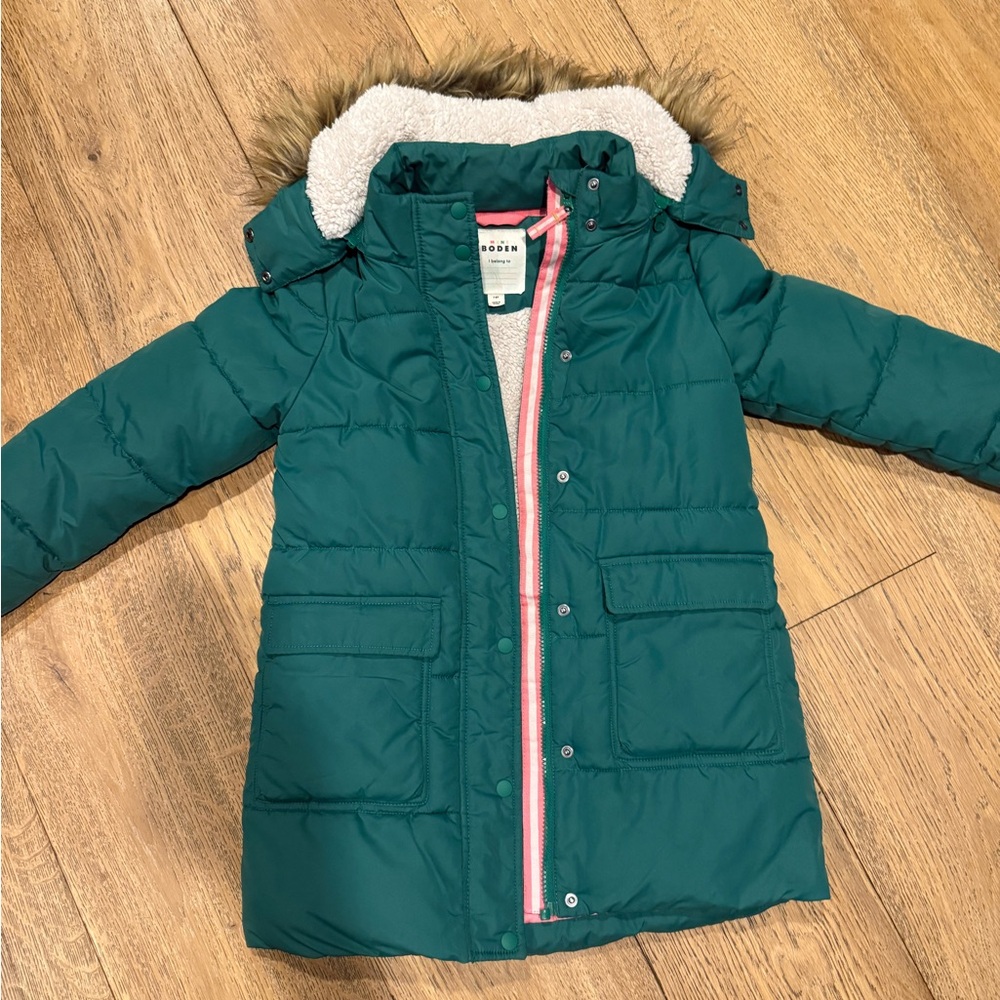 Mini Boden Teal Jacket with Faux Fur Hood
